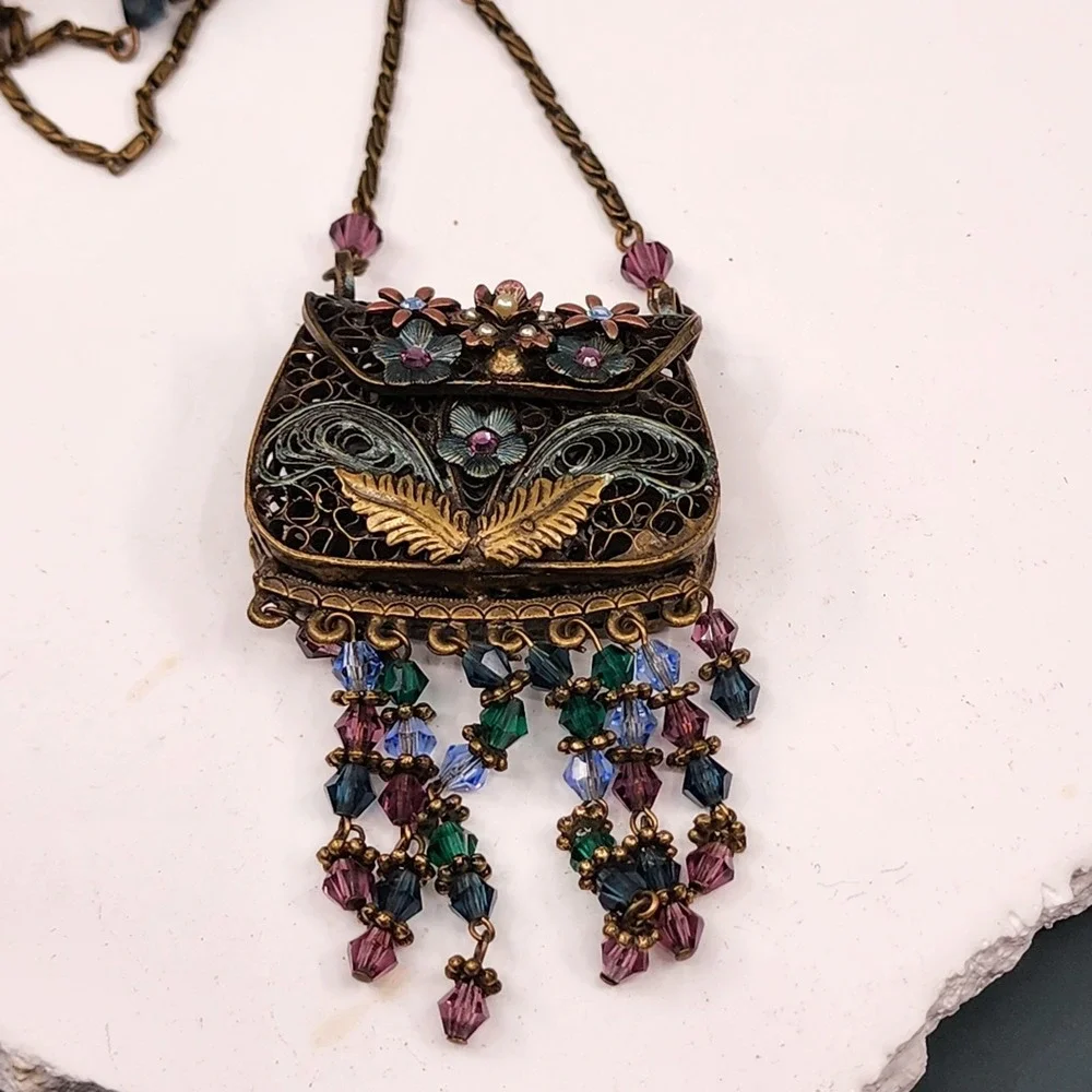 Sweet Romance USA Floral Purse Pendant Necklace Crystal Bead Fringe Victorian